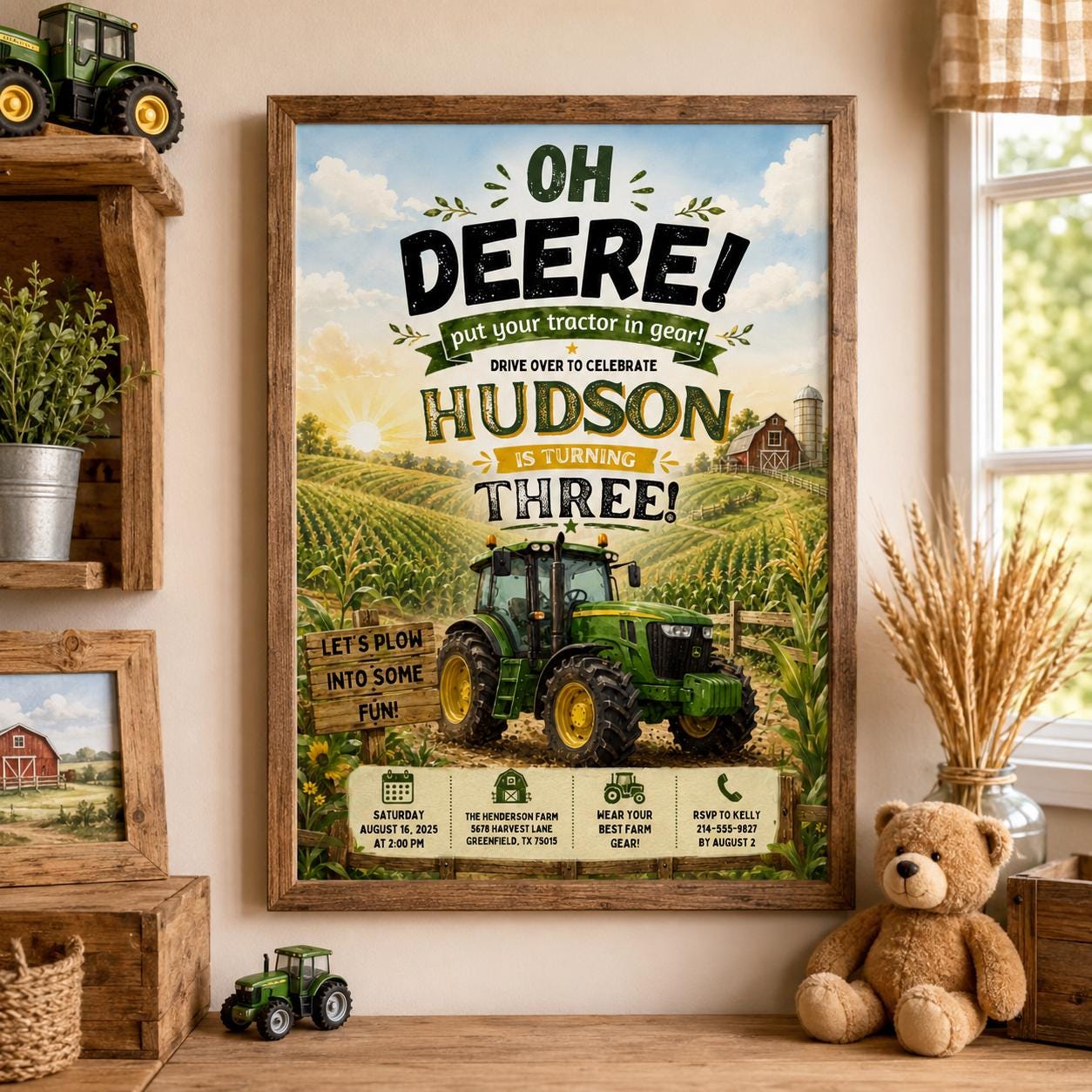 Editable Farm Animals Birthday Invitation Canva Template, Green Boys Kids Farm Cute Modern Fun DIY Party Invite, Printable Digital Download.