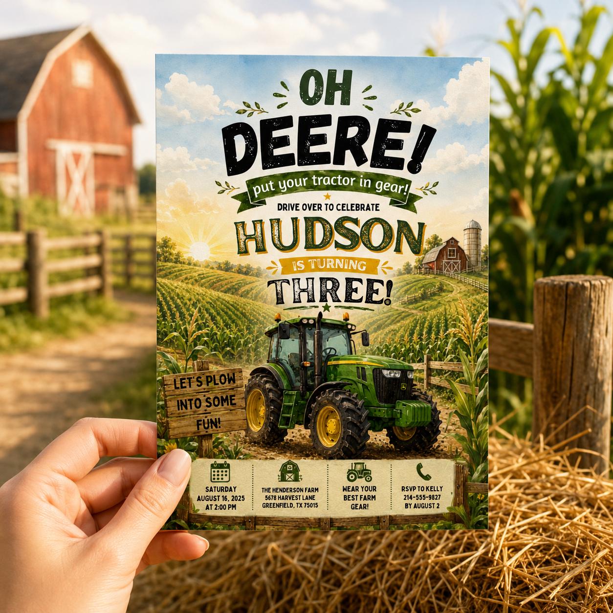 Editable Farm Animals Birthday Invitation Canva Template, Green Boys Kids Farm Cute Modern Fun DIY Party Invite, Printable Digital Download.
