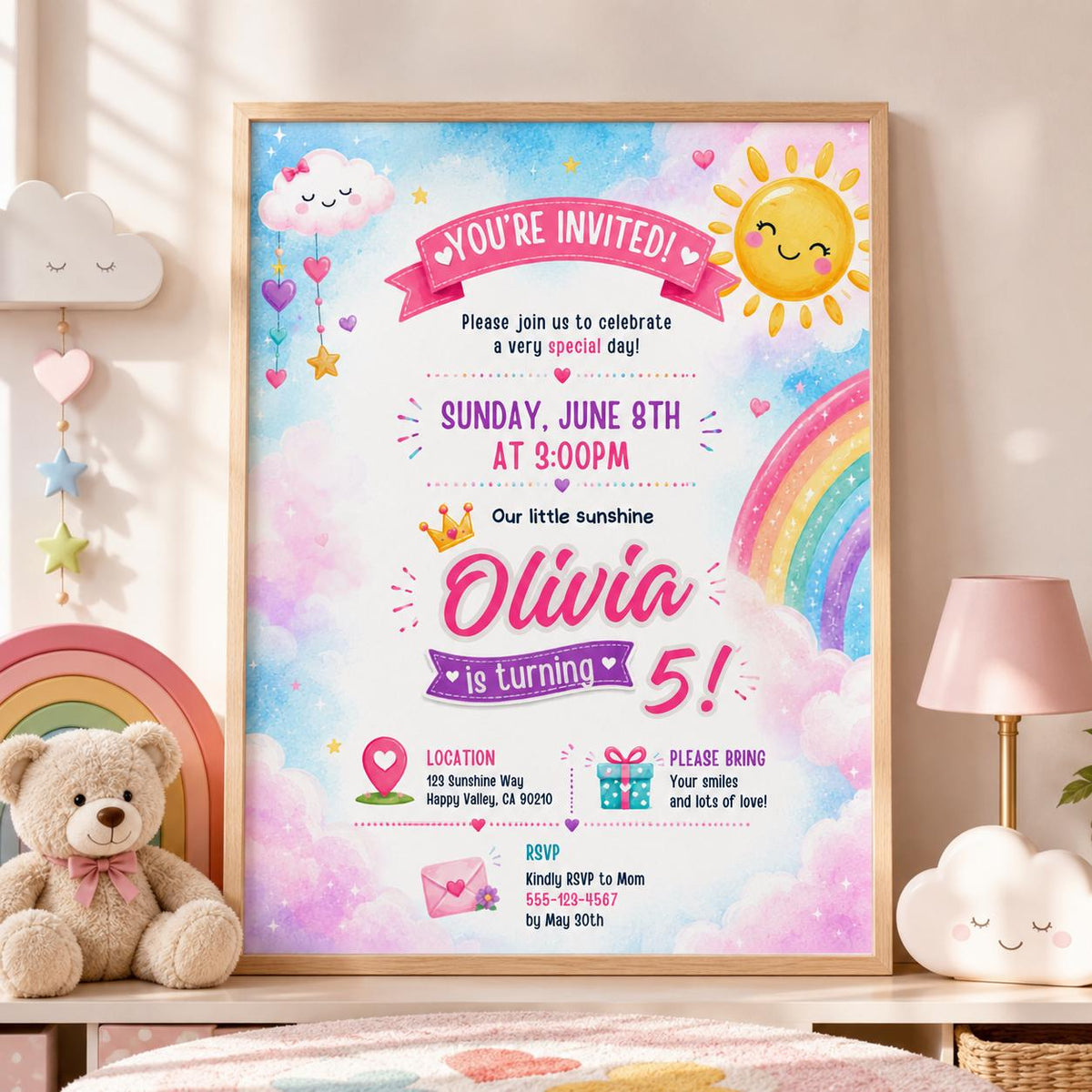 Editable Rainbow Birthday Invitation Canva Template, Girls Cute Fun DIY Sweet Chic Kids Teen Tween Party Invite, Printable Digital Download.
