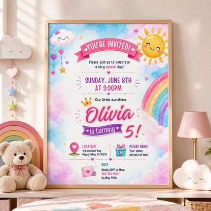 Editable Rainbow Birthday Invitation Canva Template, Girls Cute Fun DIY Sweet Chic Kids Teen Tween Party Invite, Printable Digital Download.
