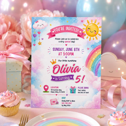 Editable Rainbow Birthday Invitation Canva Template, Girls Cute Fun DIY Sweet Chic Kids Teen Tween Party Invite, Printable Digital Download.