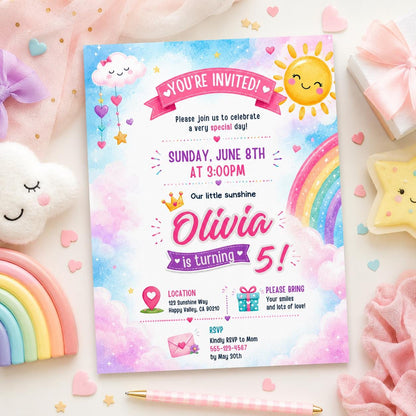Editable Rainbow Birthday Invitation Canva Template, Girls Cute Fun DIY Sweet Chic Kids Teen Tween Party Invite, Printable Digital Download.