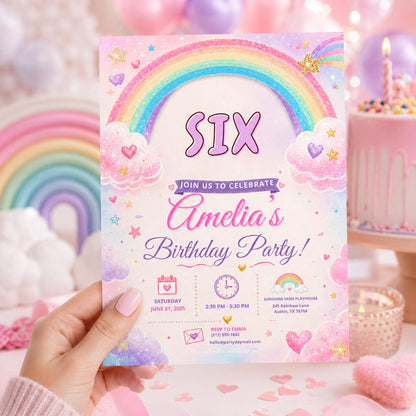Editable Rainbow Birthday Invitation Canva Template, Pink Girls Kids Cute Modern Fun DIY Chic Teen Party Invite, Printable Digital Download.