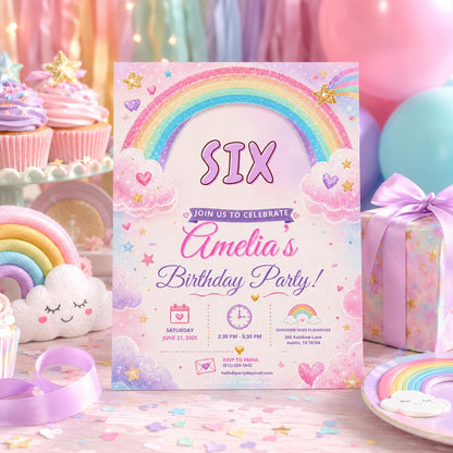 Editable Rainbow Birthday Invitation Canva Template, Pink Girls Kids Cute Modern Fun DIY Chic Teen Party Invite, Printable Digital Download.