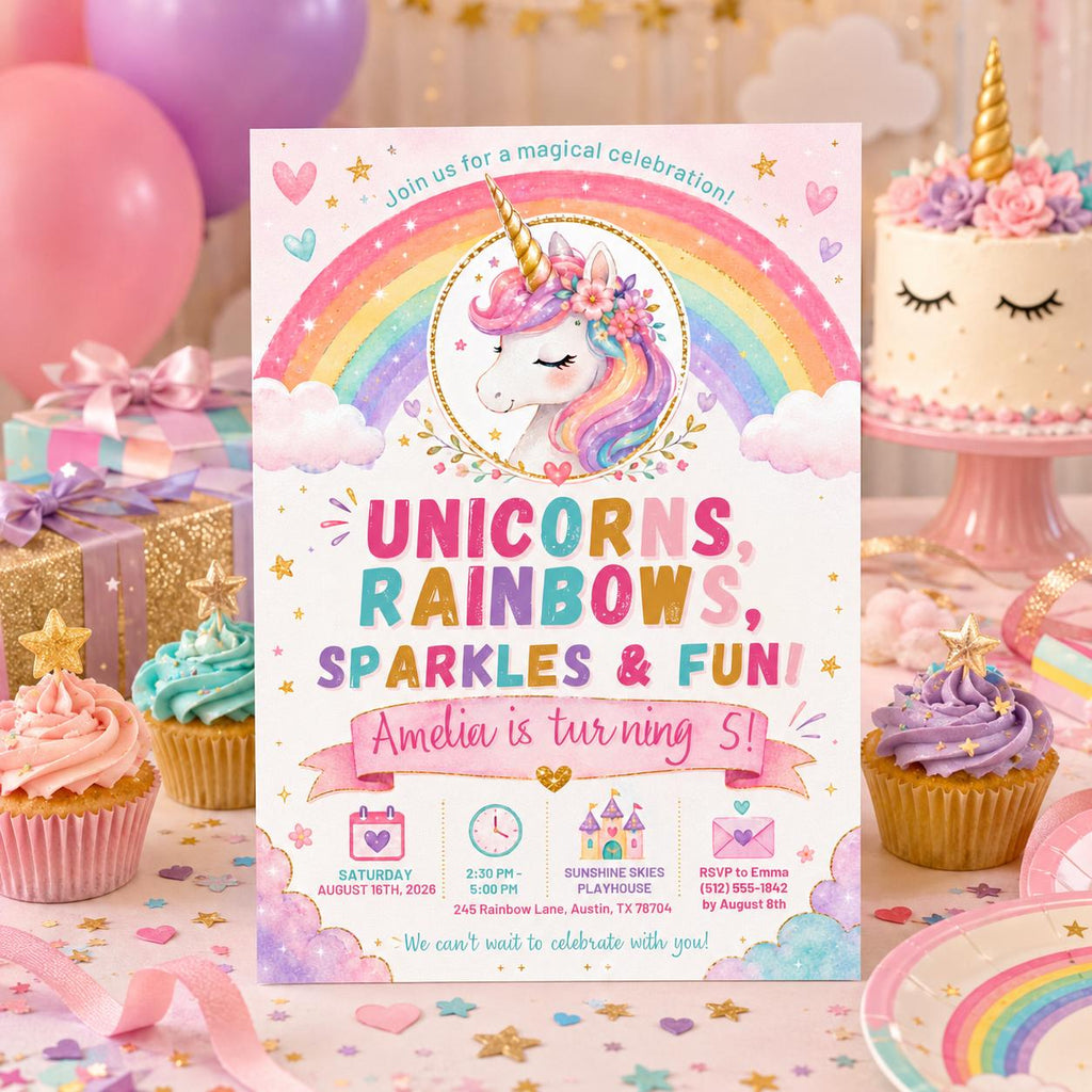 Editable Floral Birthday Invitation Canva Template, Pink Gold Pastel Luxury Cute Fun DIY Chic Kids Party Invite, Printable Digital Download.
