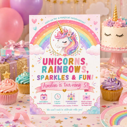Editable Floral Birthday Invitation Canva Template, Pink Gold Pastel Luxury Cute Fun DIY Chic Kids Party Invite, Printable Digital Download.