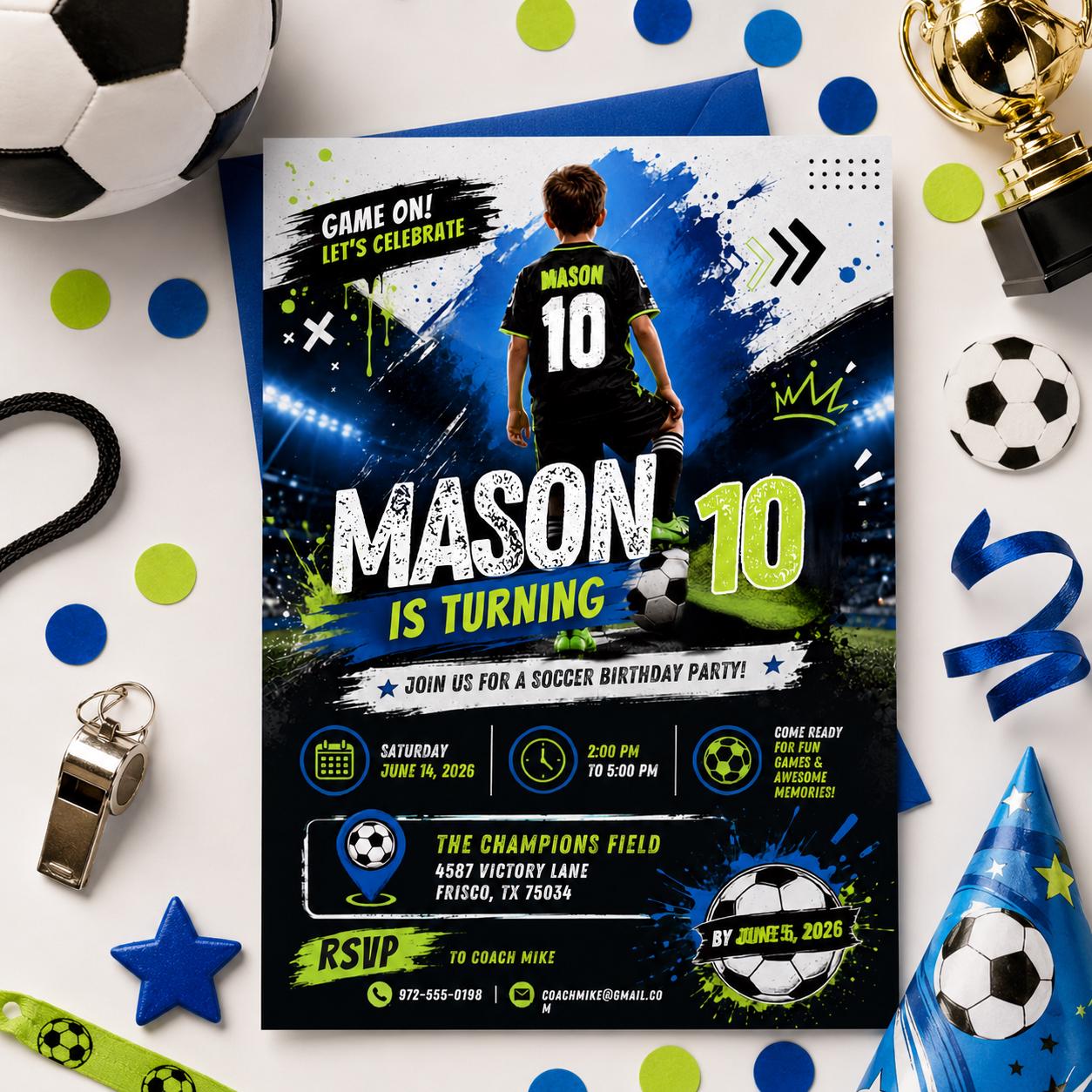 Editable Football Birthday Invitation Canva Template, Boys Kids Cute Fun DIY Sweet Chic Teen Tween Party Invite, Printable Digital Download.