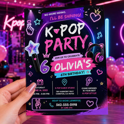 Editable Neon Glow Birthday Invitation Canva Template, Pink Girls Kids Neon Cute Fun DIY Chic Teen Party Invite, Printable Digital Download.
