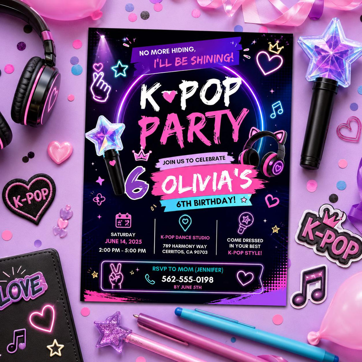 Editable Neon Glow Birthday Invitation Canva Template, Pink Girls Kids Neon Cute Fun DIY Chic Teen Party Invite, Printable Digital Download.