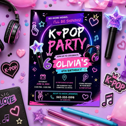 Editable Neon Glow Birthday Invitation Canva Template, Pink Girls Kids Neon Cute Fun DIY Chic Teen Party Invite, Printable Digital Download.