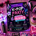 Editable Neon Glow Birthday Invitation Canva Template, Pink Girls Kids Neon Cute Fun DIY Chic Teen Party Invite, Printable Digital Download.