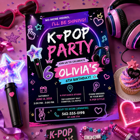 Editable Neon Glow Birthday Invitation Canva Template, Pink Girls Kids Neon Cute Fun DIY Chic Teen Party Invite, Printable Digital Download.