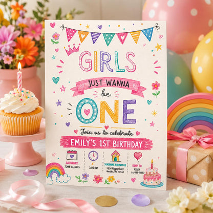 Editable Colorful First Birthday Invitation Canva Template, Cute Modern Pink Girl 1st Birthday Party Invite, Printable DIY Digital Download.