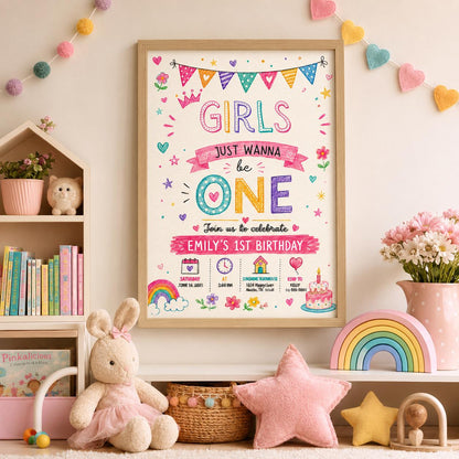Editable Colorful First Birthday Invitation Canva Template, Cute Modern Pink Girl 1st Birthday Party Invite, Printable DIY Digital Download.