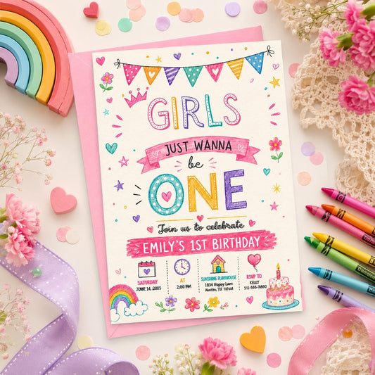 Editable Colorful First Birthday Invitation Canva Template, Cute Modern Pink Girl 1st Birthday Party Invite, Printable DIY Digital Download.