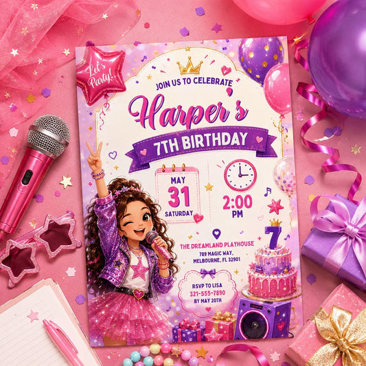 Editable Neon Glow Birthday Invitation Canva Template, Girls Neon Cute Modern Fun Themed DIY Sweet Party Invite, Printable Digital Download.