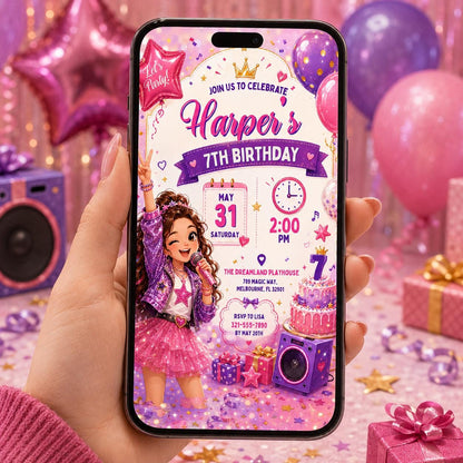 Editable Neon Glow Birthday Invitation Canva Template, Girls Neon Cute Modern Fun Themed DIY Sweet Party Invite, Printable Digital Download.