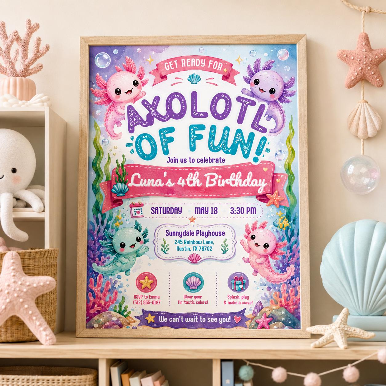 Editable Axolotl Birthday Invitation Canva Template, Girls Cute Fun DIY Sweet Chic Kids Teen Tween Party Invite, Printable Digital Download.