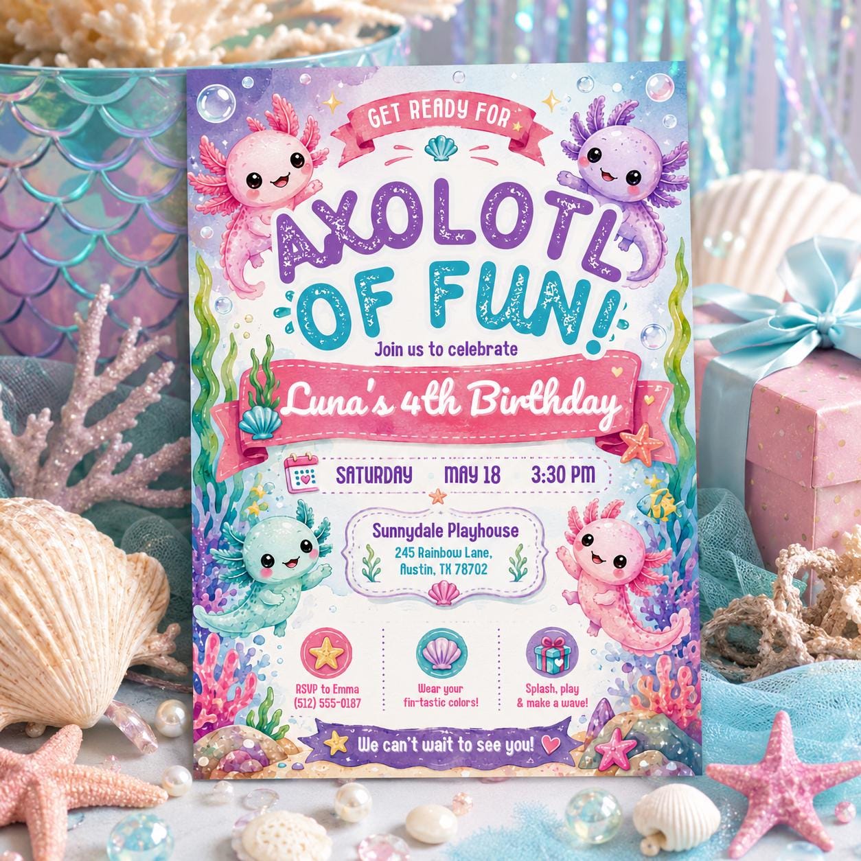 Editable Axolotl Birthday Invitation Canva Template, Girls Cute Fun DIY Sweet Chic Kids Teen Tween Party Invite, Printable Digital Download.