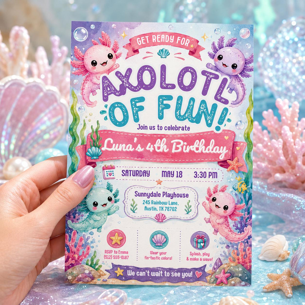 Editable Axolotl Birthday Invitation Canva Template, Girls Cute Fun DIY Sweet Chic Kids Teen Tween Party Invite, Printable Digital Download.