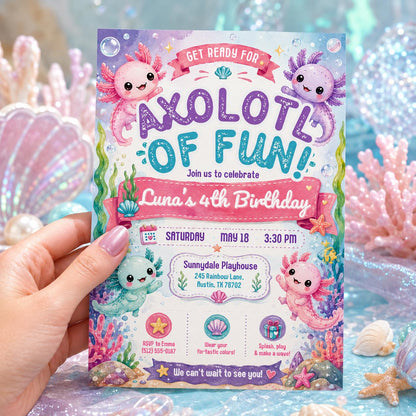 Editable Axolotl Birthday Invitation Canva Template, Girls Cute Fun DIY Sweet Chic Kids Teen Tween Party Invite, Printable Digital Download.