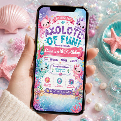 Editable Axolotl Birthday Invitation Canva Template, Girls Cute Fun DIY Sweet Chic Kids Teen Tween Party Invite, Printable Digital Download.