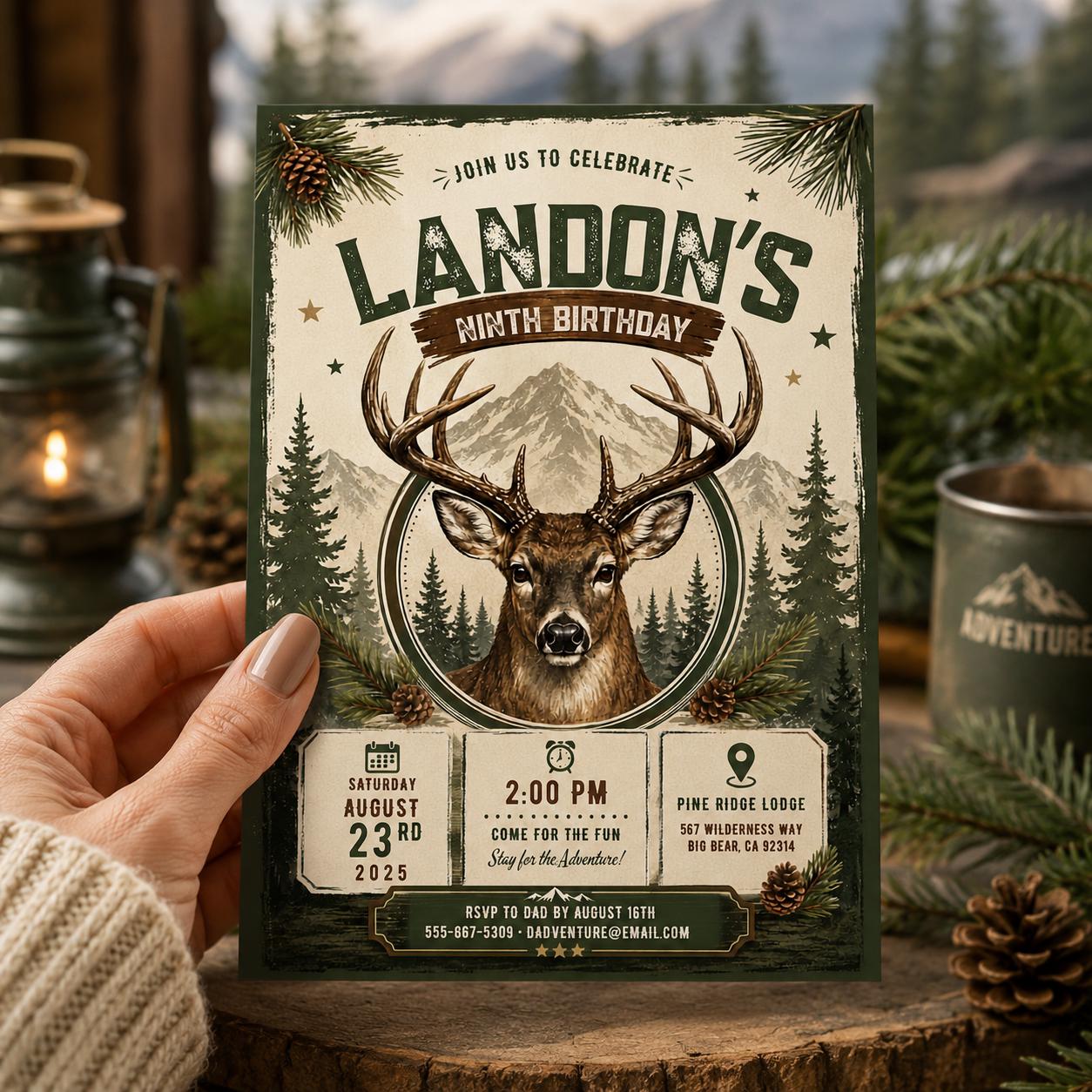 Editable Deer Hunting Birthday Invitation Canva Template, Modern Boys Deer Cute Fun DIY Sweet Chic Party Invite, Printable Digital Download.