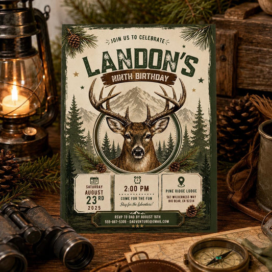 Editable Deer Hunting Birthday Invitation Canva Template, Modern Boys Deer Cute Fun DIY Sweet Chic Party Invite, Printable Digital Download.