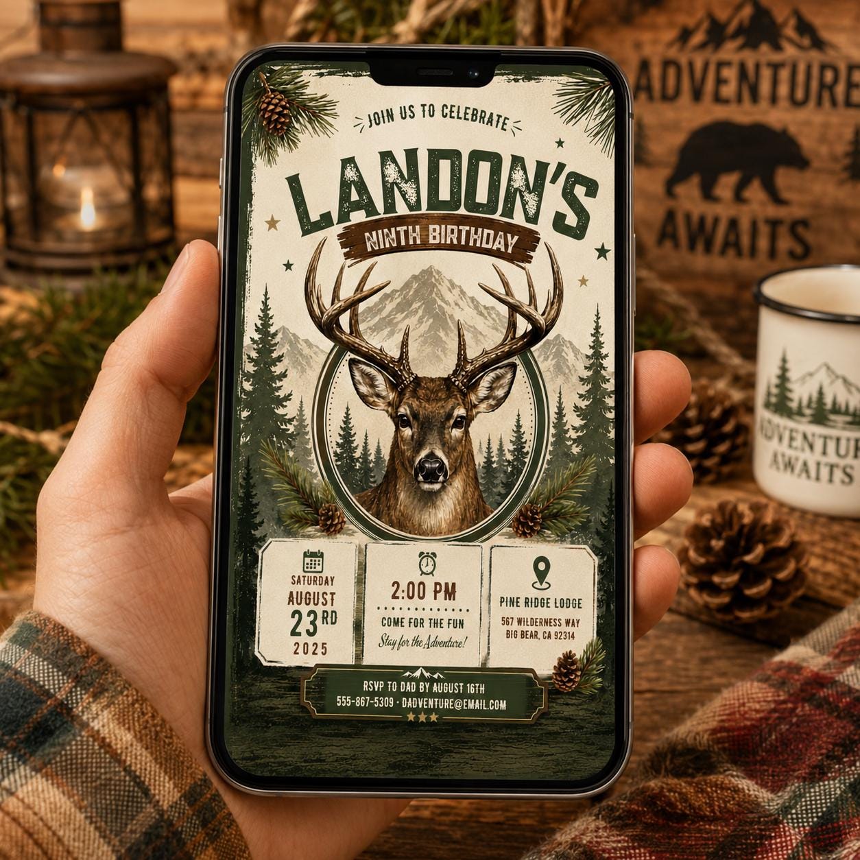 Editable Deer Hunting Birthday Invitation Canva Template, Modern Boys Deer Cute Fun DIY Sweet Chic Party Invite, Printable Digital Download.