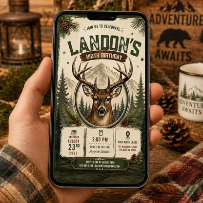 Editable Deer Hunting Birthday Invitation Canva Template, Modern Boys Deer Cute Fun DIY Sweet Chic Party Invite, Printable Digital Download.