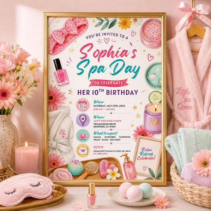 Editable Spa Birthday Invitation Canva Template, Girls Spa Cute Fun DIY Sweet Chic Kids Teen Tween Party Invite, Printable Digital Download.