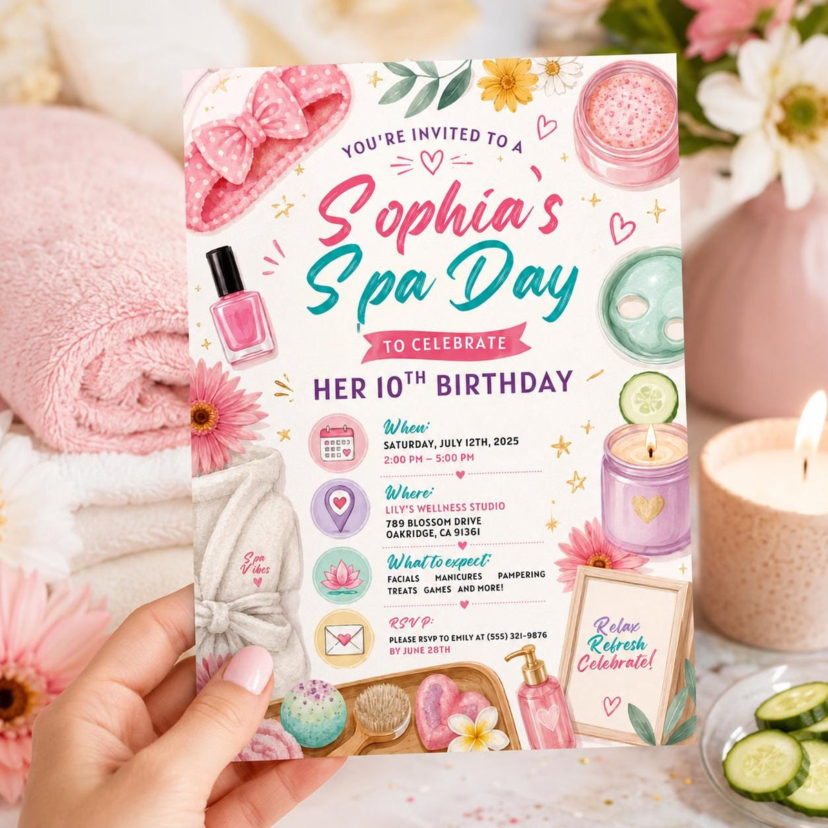 Editable Spa Birthday Invitation Canva Template, Girls Spa Cute Fun DIY Sweet Chic Kids Teen Tween Party Invite, Printable Digital Download.
