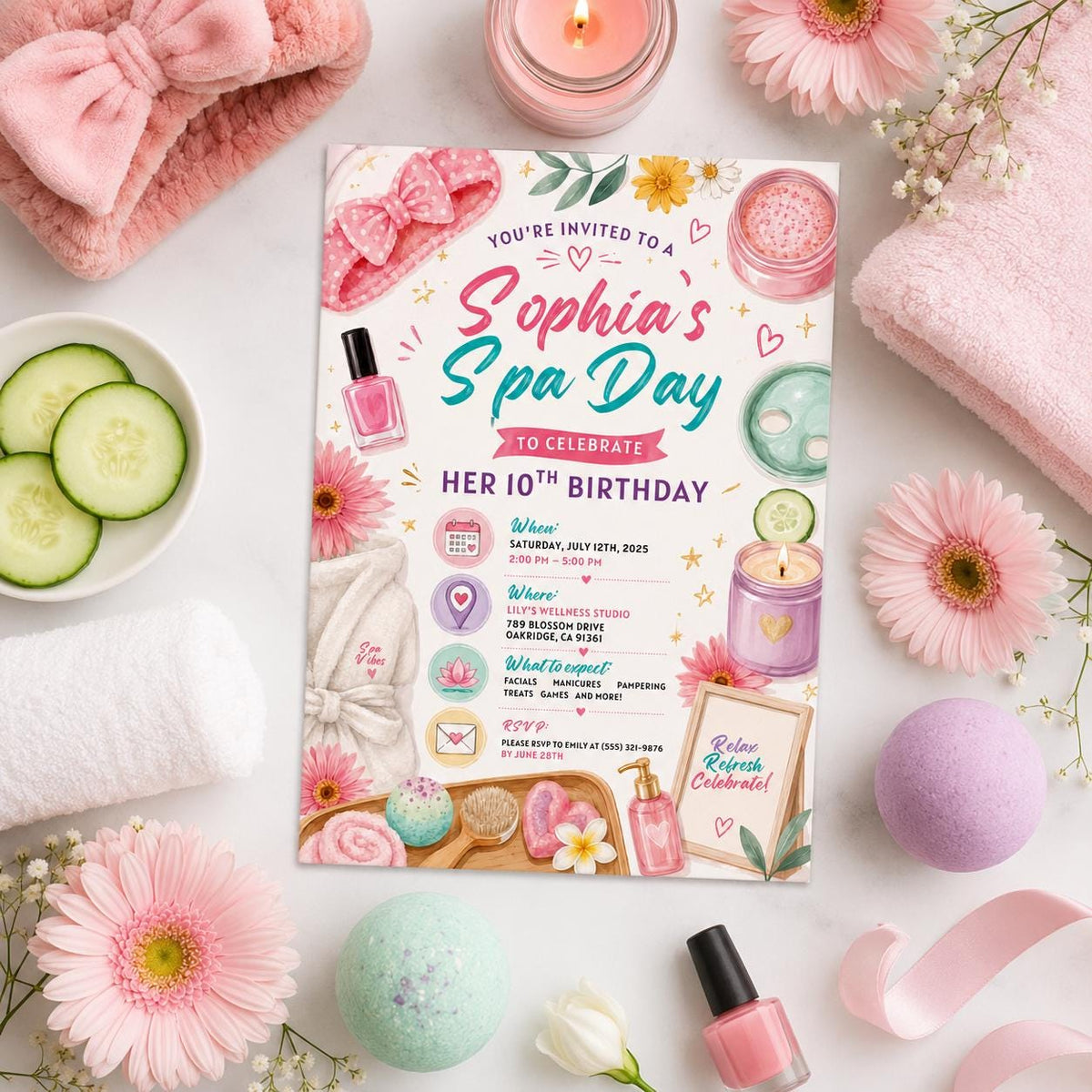 Editable Spa Birthday Invitation Canva Template, Girls Spa Cute Fun DIY Sweet Chic Kids Teen Tween Party Invite, Printable Digital Download.