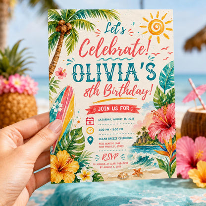 Editable Tropical Birthday Invitation Canva Template, Summer Cute Modern Fun Themed DIY Sweet Chic Party Invite, Printable Digital Download.