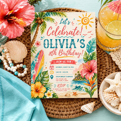 Editable Tropical Birthday Invitation Canva Template, Summer Cute Modern Fun Themed DIY Sweet Chic Party Invite, Printable Digital Download.