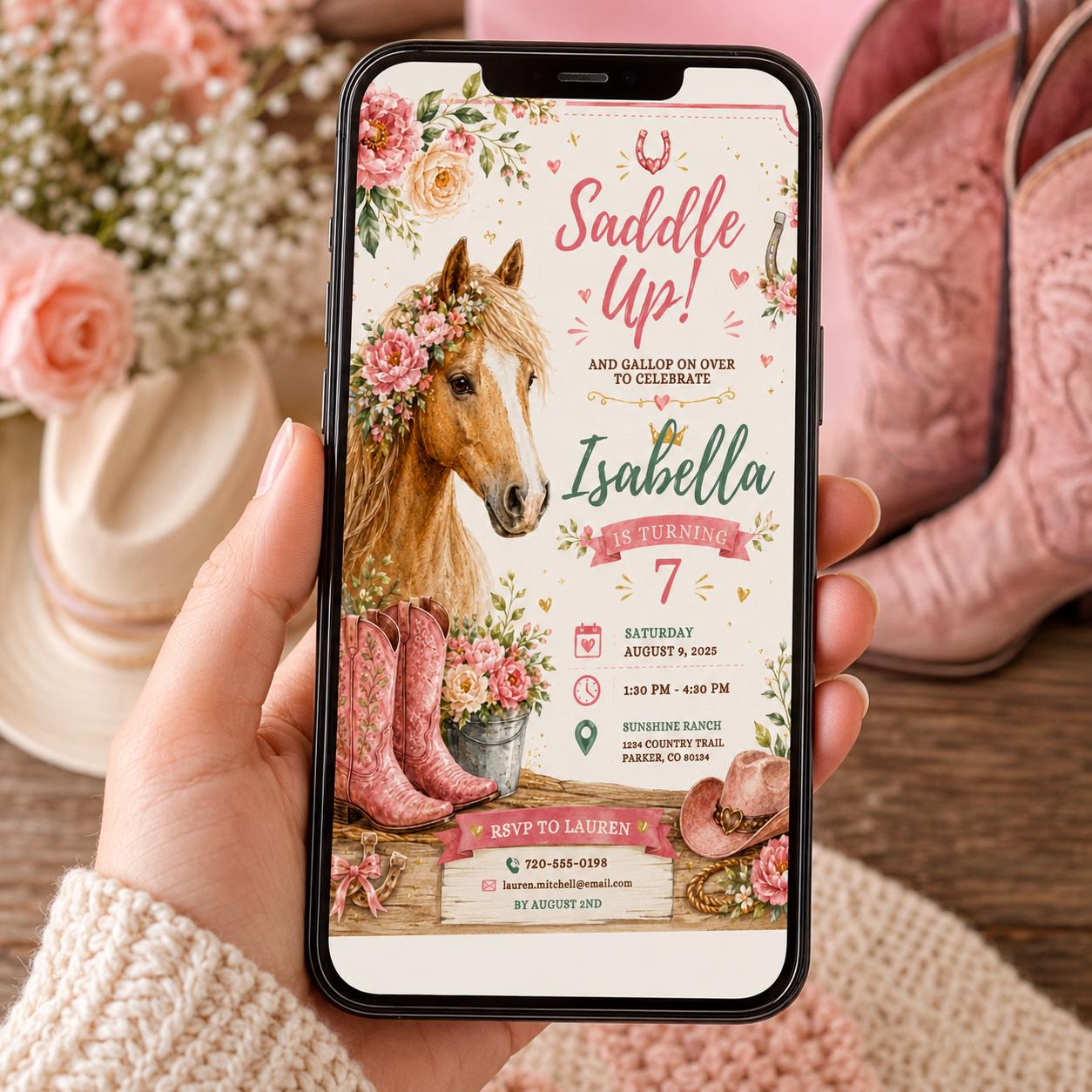 Editable Western Cowgirl Birthday Invitation Canva Template, Pink Pastel Floral Girls Kids Fun DIY Party Invite, Printable Digital Download.