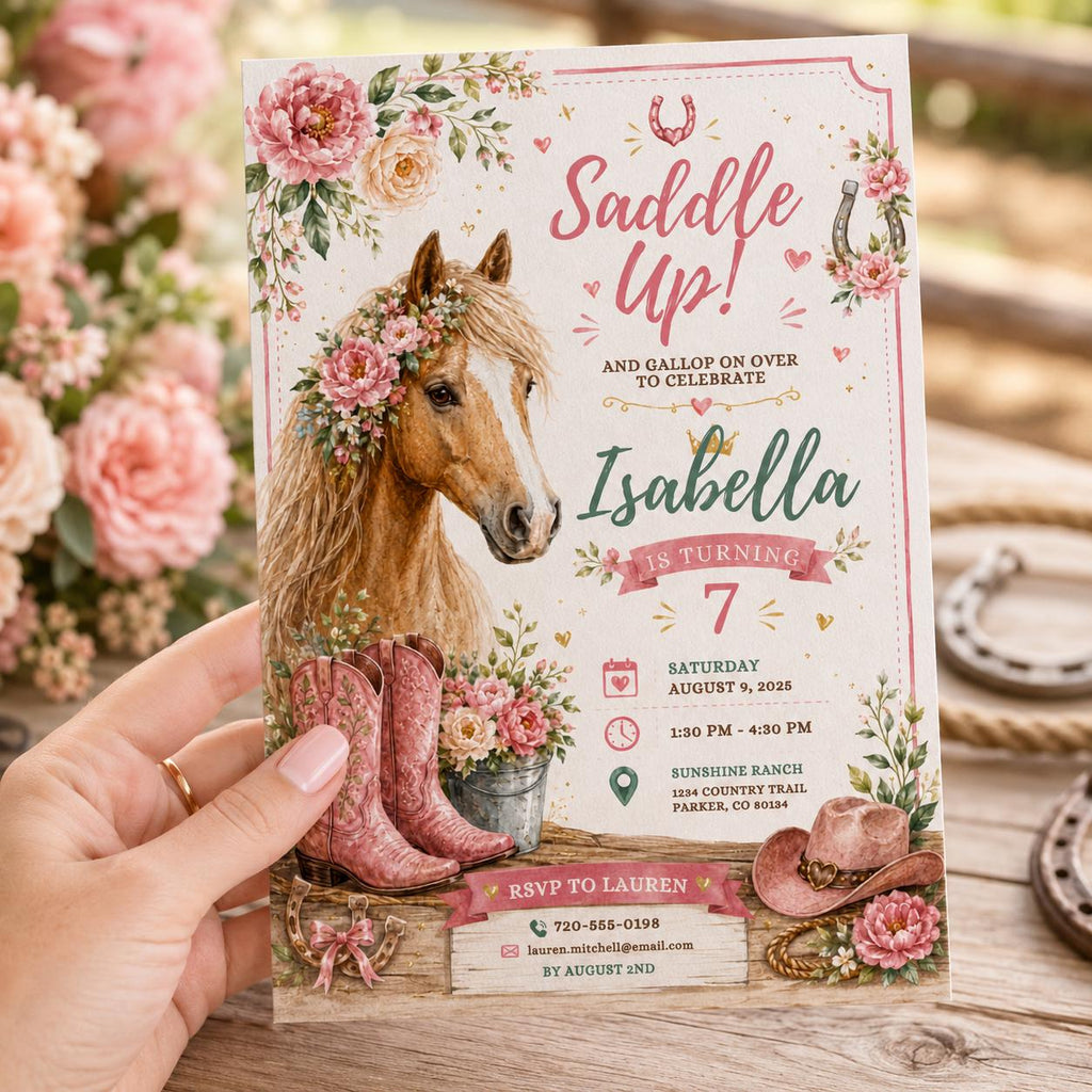 Editable Western Cowgirl Birthday Invitation Canva Template, Pink Pastel Floral Girls Kids Fun DIY Party Invite, Printable Digital Download.