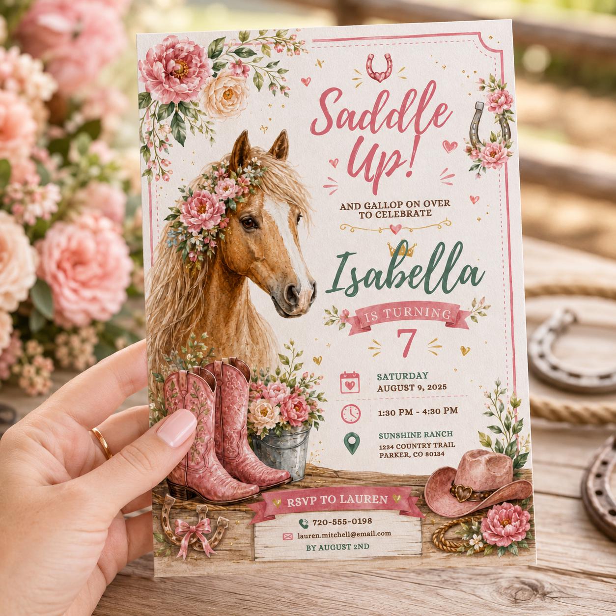 Editable Western Cowgirl Birthday Invitation Canva Template, Pink Pastel Floral Girls Kids Fun DIY Party Invite, Printable Digital Download.