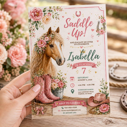 Editable Western Cowgirl Birthday Invitation Canva Template, Pink Pastel Floral Girls Kids Fun DIY Party Invite, Printable Digital Download.