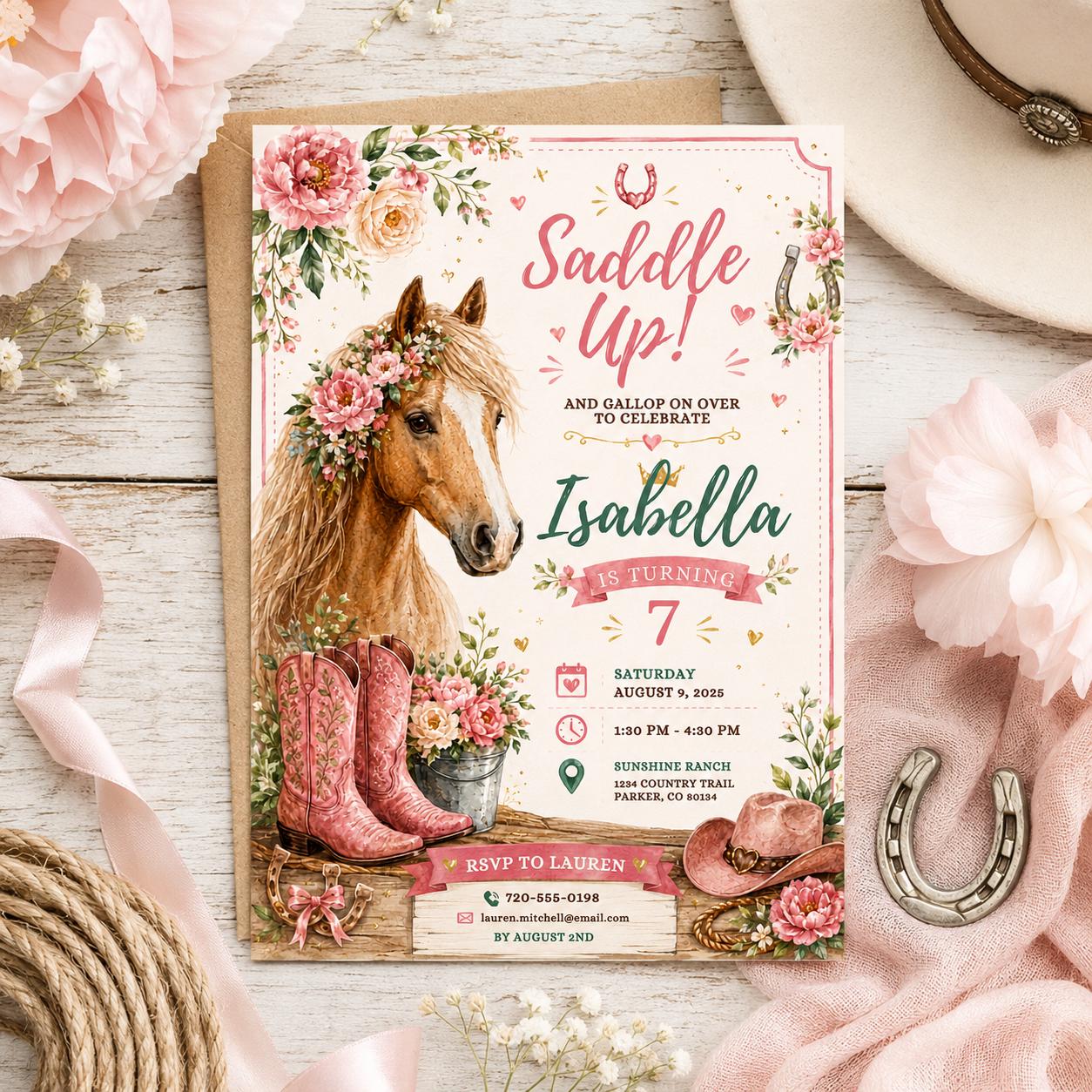 Editable Western Cowgirl Birthday Invitation Canva Template, Pink Pastel Floral Girls Kids Fun DIY Party Invite, Printable Digital Download.