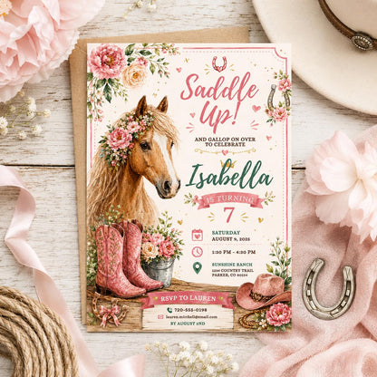 Editable Western Cowgirl Birthday Invitation Canva Template, Pink Pastel Floral Girls Kids Fun DIY Party Invite, Printable Digital Download.