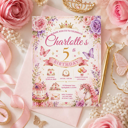 Editable Fairy Garden Birthday Invitation Canva Template, Pink Floral Girls Kids Cute Fun DIY Chic Party Invite, Printable Digital Download.