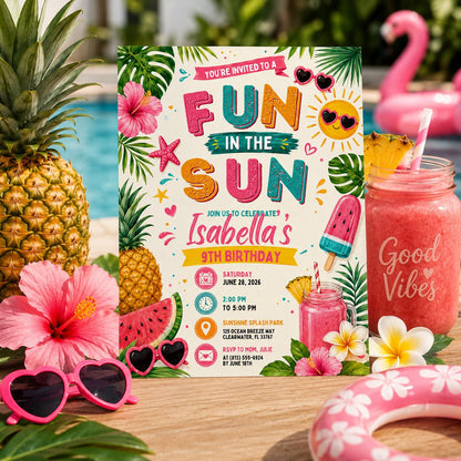 Editable Beach Birthday Invitation Canva Template, Kids Beach Cute Modern Fun Themed DIY Chic Teen Party Invite, Printable Digital Download.