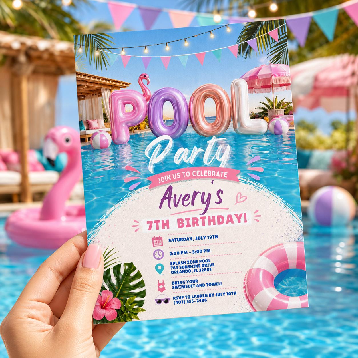 Editable Pool Birthday Invitation Canva Template, Pink Pastel Girls Pool Cute Modern Fun DIY Sweet Party Invite, Printable Digital Download.