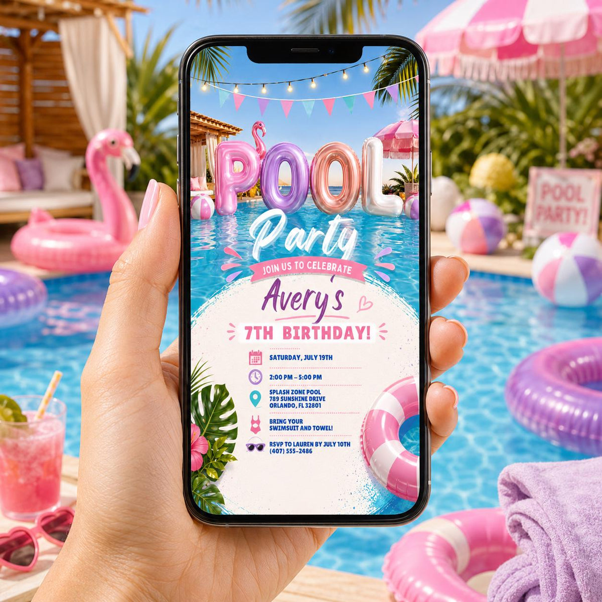 Editable Pool Birthday Invitation Canva Template, Pink Pastel Girls Pool Cute Modern Fun DIY Sweet Party Invite, Printable Digital Download.