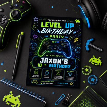 Editable Gamer Birthday Invitation Canva Template, Blue Green Neon Boys Cute Modern Fun Themed DIY Party Invite, Printable Digital Download.