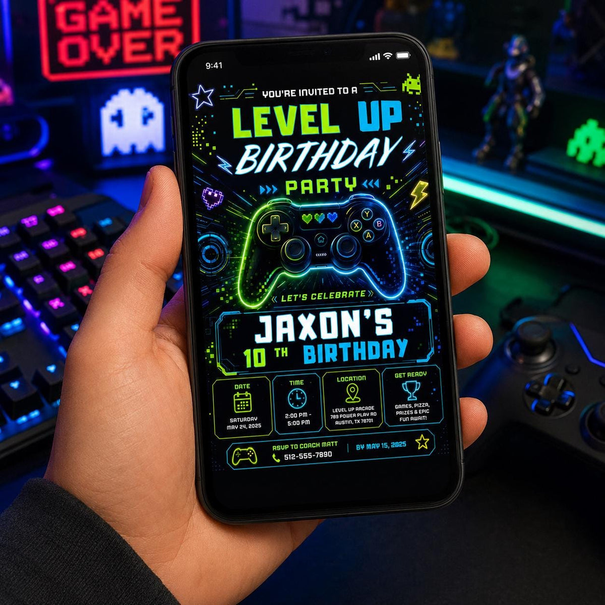 Editable Gamer Birthday Invitation Canva Template, Blue Green Neon Boys Cute Modern Fun Themed DIY Party Invite, Printable Digital Download.