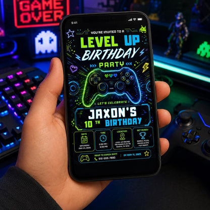 Editable Gamer Birthday Invitation Canva Template, Blue Green Neon Boys Cute Modern Fun Themed DIY Party Invite, Printable Digital Download.