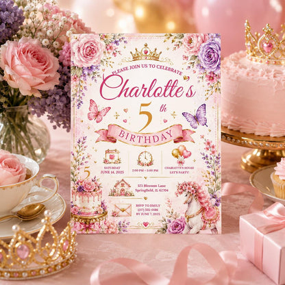 Editable Fairy Garden Birthday Invitation Canva Template, Pink Floral Girls Kids Cute Fun DIY Chic Party Invite, Printable Digital Download.