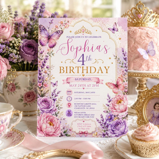 Editable Butterfly Birthday Invitation Canva Template, Pink Purple Pastel Floral Kids Cute Fun DIY Party Invite, Printable Digital Download.